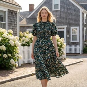Tuckernuck Forest Green Floral Smocked Midi Dress